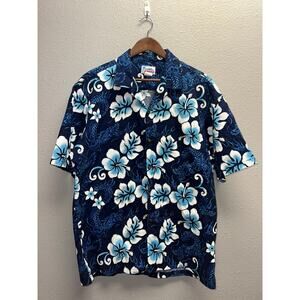 Vintage Hawaii Dragon Button Up Shirt Floral Leaves Blue Graphic EUC Size XL